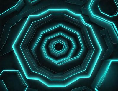The primary subject of the image is a large, circular, blue pattern with a hole in the center. The setting is a dark, futuristic environment, and the visual style appears to be a combination of digital art and illustration. The dominant colors are blue and green, creating a cool and futuristic atmosphere.