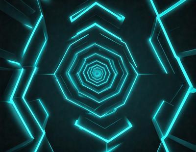 The primary subject of the image is a large, circular, blue neon light. The setting is a dark room, and the visual style is a digital art or illustration. The dominant colors are blue and purple, creating a calm and serene atmosphere.