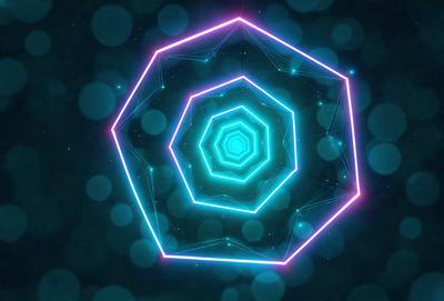 The primary subject of the image is a neon-colored, geometric pattern, which appears to be a three-dimensional representation of a circle. The setting is a dark background, which contrasts with the bright, glowing colors of the pattern. The visual style is a combination of digital art and illustration, creating a unique and eye-catching design. The dominant colors are neon blue and purple, giving the pattern a futuristic and vibrant appearance.