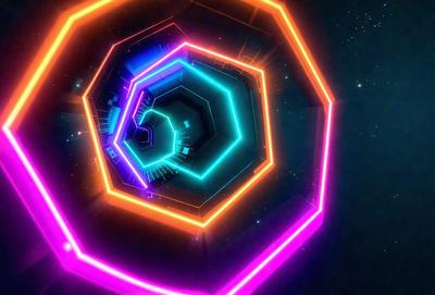 The primary subject of the image is a large, colorful, and intricate spiral structure. The spiral is made up of multiple layers, each with its own unique color. The setting is a dark, star-filled sky, which provides a contrasting backdrop to the spiral. The visual style of the image is a combination of digital art and illustration, creating a vibrant and dynamic scene. The colors and mood of the image are predominantly pink, blue, and yellow, giving it a lively