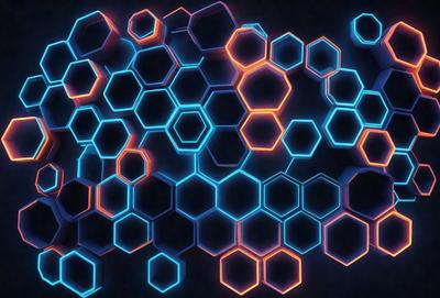 The primary subject of the image is a pattern of blue and orange hexagons. The setting is a dark background, which contrasts with the brightly colored hexagons. The visual style appears to be a digital art or illustration, as the hexagons are arranged in a visually appealing manner. The dominant colors are blue and orange, creating a vibrant and energetic atmosphere.