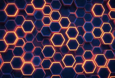 The primary subject of the image is a close-up of a blue and orange hexagonal pattern. The setting is a dark background, which contrasts with the bright colors of the hexagons. The visual style appears to be a digital art or illustration, as the hexagons are arranged in a visually appealing manner. The dominant colors are blue and orange, creating a vibrant and energetic atmosphere.