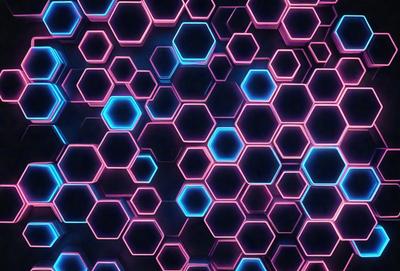 The primary subject of the image is a close-up of a blue and pink hexagonal pattern. The setting is a dark background, which contrasts with the bright colors of the hexagons. The visual style appears to be a digital art or illustration, as the hexagons are arranged in a visually appealing manner. The dominant colors are blue and pink, creating a vibrant and lively atmosphere.