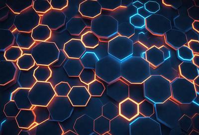 The primary subject of the image is a blue and orange geometric pattern. The setting is a dark blue background, which contrasts with the bright blue and orange hues of the pattern. The visual style appears to be a digital art or illustration, as the pattern is intricate and detailed. The dominant colors in the image are blue and orange, creating a vibrant and lively atmosphere.