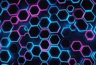 The primary subject of the image is a close-up of a colorful geometric pattern, which appears to be a digital art or illustration. The setting is a dark background, which contrasts with the bright colors of the pattern. The visual style is a mix of digital art and illustration, creating a unique and eye-catching design. The dominant colors are pink, blue, and purple, giving the pattern a vibrant and lively atmosphere.