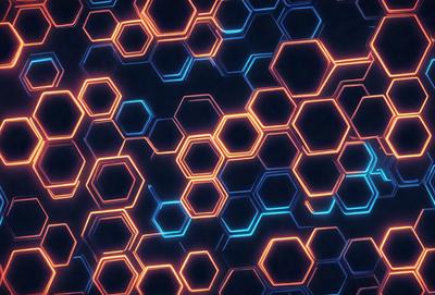 The primary subject of the image is a blue and orange geometric pattern. The setting is a dark background, which contrasts with the bright colors of the pattern. The visual style appears to be a digital art or illustration, as the pattern is intricate and detailed. The dominant colors are blue and orange, creating a vibrant and energetic atmosphere.