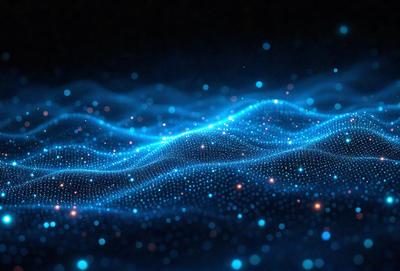 The primary subject of the image is a blue, light-filled ocean with a wave pattern. The setting is a dark background, which contrasts with the bright blue ocean. The visual style is a digital art or illustration, creating a vibrant and dynamic scene. The colors and mood are predominantly blue, creating a sense of tranquility and depth in the image.