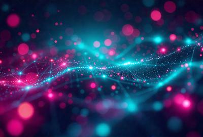 The primary subject of the image is a blue and pink light show, which appears to be a digital art or illustration. The setting is a dark background, and the visual style is a combination of digital art and light patterns. The dominant colors are blue and pink, creating a vibrant and lively atmosphere.