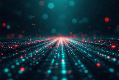 The primary subject of the image is a blue and red light pattern, which appears to be a digital art or illustration. The setting is a dark background, and the visual style is a combination of digital art and a pattern. The colors and mood of the image are predominantly blue and red, creating a vibrant and energetic atmosphere.