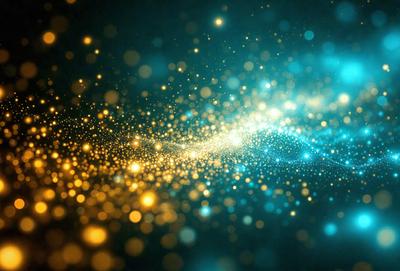 The primary subject of the image is a brightly colored, swirling, and sparkling pattern. The setting is a dark blue background, which contrasts with the vibrant colors of the pattern. The visual style appears to be a combination of digital art and illustration, creating a dynamic and eye-catching scene. The dominant colors are blue, yellow, and orange, giving the image a lively and energetic atmosphere.