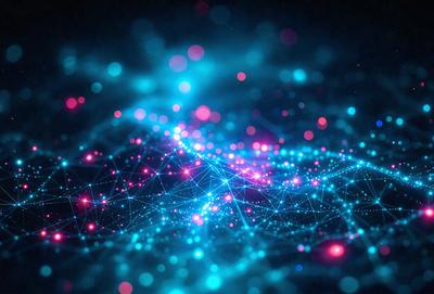 The primary subject of the image is a blue and pink nebula, which is a three-dimensional structure of gas and dust in space. The setting is a dark background, which contrasts with the bright colors of the nebula. The visual style is a digital art or illustration, as the image is composed of many small dots that create a detailed and intricate pattern. The colors and mood of the image are vibrant and lively, with the blue and pink hues evoking a sense of wonder
