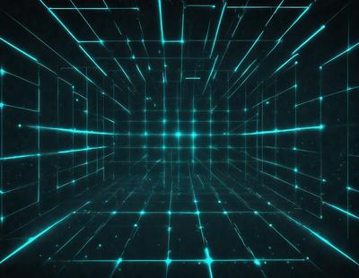 The primary subject of the image is a blue, geometric pattern. The setting is a dark, blue-lit room, which creates a moody atmosphere. The visual style is a combination of digital art and illustration, with the geometric pattern resembling a futuristic, digital design. The colors and mood of the image are predominantly dark and mysterious, with the blue lighting adding to the overall ambiance.