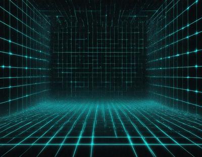 The primary subject of the image is a large, dark room with a blue and green patterned floor. The setting is a black and white room with a blue and green patterned floor. The visual style is a digital art or illustration. The colors and mood of the image are predominantly dark and moody, with the blue and green patterned floor adding a touch of vibrancy to the overall atmosphere.