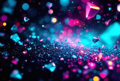 The primary subject of the image is a colorful, neon-lit background featuring a multitude of small, colorful, glowing shapes. The setting appears to be a dark, starry night, with the shapes creating a vibrant and luminous atmosphere. The visual style of the image is a combination of digital art and illustration, with the shapes resembling a mix of stars, hearts, and other geometric shapes. The colors and mood of the image are predominantly pink, blue, and pur