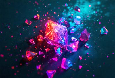 The primary subject of the image is a three-dimensional, colorful crystal. The setting is a dark background, which contrasts with the vibrant colors of the crystal. The visual style is a combination of photo and digital art, creating a unique and eye-catching image. The dominant colors are pink, blue, and orange, giving the scene a lively and energetic atmosphere.