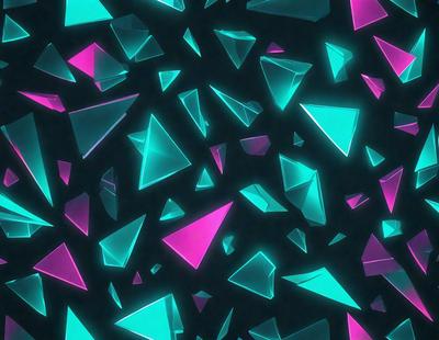 The primary subject of the image is a pattern of triangles, which are the main objects in the scene. The setting is a dark background, which contrasts with the brightly colored triangles. The visual style is a digital art or illustration, as the triangles are arranged in a visually appealing manner. The dominant colors in the image are blue and pink, creating a vibrant and lively atmosphere.