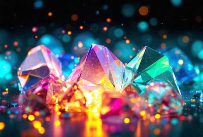 The primary subject of the image is a collection of colorful, geometric glass shapes. These glass shapes are arranged in a visually appealing manner, creating a vibrant and lively scene. The setting is a dark background, which contrasts with the bright colors of the glass shapes, making them stand out even more. The visual style of the image is a combination of photo and digital art, as the glass shapes appear to be both real and digitally manipulated. The dominant colors in the image are a mix of bright and vivid