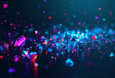The primary subject of the image is a collection of colorful, shiny, and sparkling crystals. The setting is a dark background, which contrasts with the bright colors of the crystals. The visual style appears to be a digital art or illustration, as the crystals are depicted in a way that resembles a pattern or texture. The dominant colors are blue, pink, and orange, creating a vibrant and lively atmosphere.