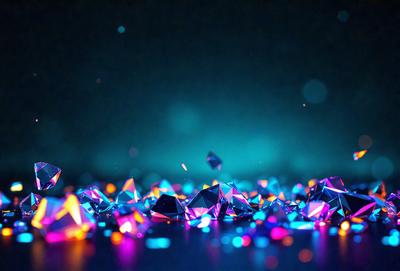 The primary subject of the image is a collection of colorful, geometric shapes, such as triangles and squares, arranged in a visually appealing manner. The setting is a dark background, which contrasts with the vibrant colors of the shapes. The visual style of the image is a combination of photo and digital art, creating a unique and eye-catching display. The dominant colors in the image are blue, orange, and purple, which contribute to a lively and energetic atmosphere.