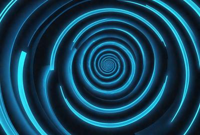 The primary subject of the image is a spiral pattern, which is a blue and white swirl. The setting is a dark background, which contrasts with the spiral pattern. The visual style is a digital art or illustration, as the spiral pattern appears to be a part of a larger design. The colors and mood of the image are predominantly blue and white, creating a sense of depth and complexity.
