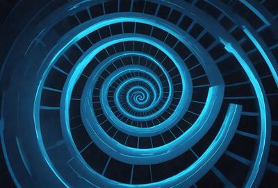 The primary subject of the image is a spiral staircase with a blue lighting effect. The setting is a dark room, and the visual style appears to be a digital art or illustration. The dominant colors are blue and black, creating a moody and mysterious atmosphere.