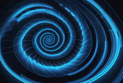 The primary subject of the image is a spiral pattern, which is a blue and white design. The setting is a dark background, which contrasts with the spiral pattern. The visual style is a combination of digital art and illustration, creating a unique and eye-catching design. The colors and mood of the image are predominantly blue and white, giving it a modern and sophisticated appearance.