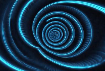 The primary subject of the image is a spiral pattern, which is a blue and white design. The setting is a dark background, which contrasts with the spiral pattern. The visual style is a combination of a photo and digital art, creating a unique and intriguing design. The colors and mood of the image are predominantly blue and white, giving it a calm and serene atmosphere.