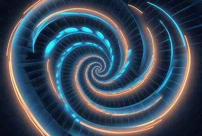 The primary subject of the image is a spiral pattern, which is the main object, scene, or focus of the image. The spiral pattern is set against a blue background, giving it a vibrant and lively appearance. The visual style of the image is digital art, as it is a computer-generated design. The dominant colors in the image are blue and orange, creating a dynamic and energetic atmosphere.