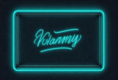The primary subject of the image is a neon sign that reads "Virammy." The setting is a dark background, which emphasizes the brightness of the neon sign. The visual style is a digital art or illustration, as the sign appears to be a hand-drawn or digitally created design. The colors and mood of the image are predominantly blue, giving it a cool and modern appearance.