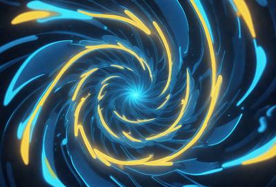 The primary subject of the image is a spiral pattern, which is a blue and yellow swirl. The setting is a blue background, and the visual style appears to be a digital art or illustration. The dominant colors are blue and yellow, creating a vibrant and lively atmosphere.
