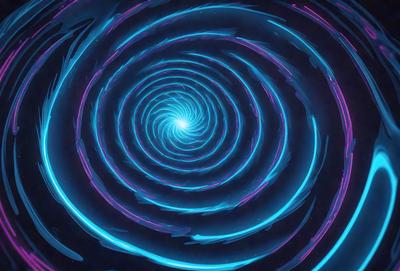 The primary subject of the image is a spiral pattern, which is a blue and purple swirl. The setting is a dark background, which contrasts with the spiral pattern. The visual style is a digital art or illustration, as the spiral pattern appears to be a part of a larger design. The colors and mood of the image are predominantly blue and purple, creating a sense of depth and intrigue.