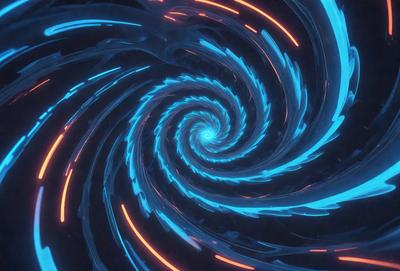 The primary subject of the image is a spiral pattern, which is a blue and orange swirl. The setting is a dark background, and the visual style appears to be a digital art or illustration. The dominant colors in the image are blue and orange, creating a vibrant and dynamic atmosphere.