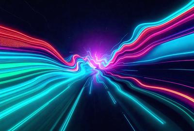 The primary subject of the image is a brightly colored tunnel, with a purple and blue light illuminating the space. The setting is a dark background, which contrasts with the vibrant colors of the tunnel. The visual style is a digital art or illustration, as the colors and lighting are not natural and appear to be artificially created. The dominant colors are purple and blue, giving the scene a futuristic and surreal atmosphere.