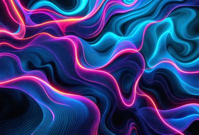 The primary subject of the image is a vibrant, colorful, and abstract design featuring a mix of blue, purple, and red hues. The setting is a dark background, which contrasts with the bright colors of the design. The visual style appears to be a combination of digital art and illustration, creating a unique and eye-catching pattern. The overall atmosphere is energetic and lively, with the colors and design elements working together to create a captivating and dynamic image.
