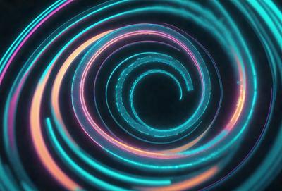 The primary subject of the image is a spiral pattern, which is a digital art or illustration. The spiral is set against a dark background, creating a contrasting visual style. The colors in the spiral are predominantly blue and green, giving the image a calm and soothing atmosphere.