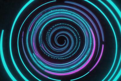 The primary subject of the image is a spiral pattern, which is a part of a larger, colorful circle. The spiral is illuminated by a blue light, creating a visually striking and vibrant scene. The setting appears to be a dark background, which further emphasizes the spiral pattern and its vivid colors. The visual style of the image is a combination of digital art and illustration, with the spiral pattern and the overall circle design giving it a unique and artistic appearance. The colors and mood