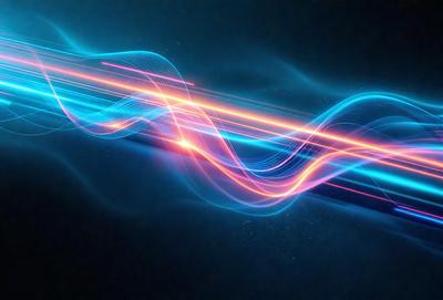 The primary subject of the image is a blue and purple light wave, which appears to be a digital art or illustration. The setting is a dark background, and the visual style gives the impression of a futuristic or technological theme. The colors and mood of the image are predominantly blue and purple, creating a sense of depth and sophistication.