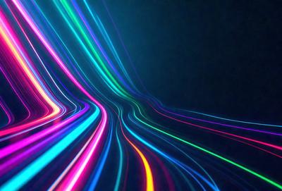 The primary subject of the image is a colorful, rainbow-like pattern or trail. The setting is a dark background, which contrasts with the vibrant colors of the pattern. The visual style appears to be a combination of digital art and illustration, creating a dynamic and eye-catching scene. The dominant colors are a mix of pink, blue, yellow, and green, giving the image a lively and cheerful atmosphere.