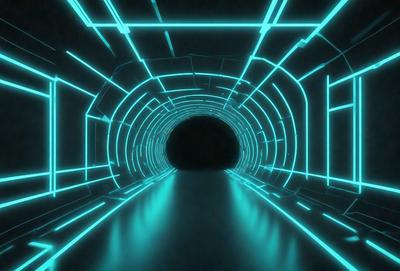 The primary subject of the image is a tunnel with a blue light illuminating it. The setting is a dark room, and the visual style appears to be a digital art or illustration. The dominant colors are blue and black, creating a moody atmosphere.