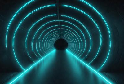 The primary subject of the image is a tunnel with a blue light illuminating it. The setting is a dark room, and the visual style appears to be a digital art or illustration. The dominant colors are blue and purple, creating a calm and serene atmosphere.