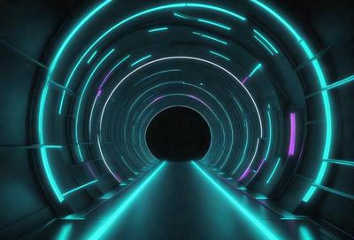 The primary subject of the image is a tunnel with a blue light illuminating it. The tunnel appears to be a part of a futuristic setting, possibly a space station or a high-tech facility. The visual style of the image is digital art, as it features a blue light that is characteristic of digital artwork. The colors and mood of the image are predominantly blue, creating a sense of depth and futuristic atmosphere.