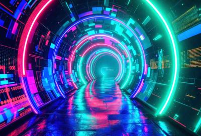 The primary subject of the image is a tunnel with a rainbow-colored light display. The tunnel appears to be a futuristic, neon-lit passage, and the colors create a vibrant and lively atmosphere. The setting is a dark, enclosed space, and the visual style is a combination of digital art and illustration. The colors and mood convey a sense of excitement and wonder, as the viewer is drawn into the tunnel's mesmerizing light show.