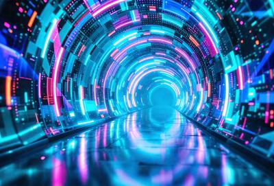 The primary subject of the image is a tunnel with a blue light illuminating it. The tunnel appears to be a futuristic, neon-lit passage, possibly in a video game or a futuristic setting. The setting is a dark, enclosed space with a blue glow, creating a unique atmosphere. The visual style of the image is a combination of digital art and illustration, with the blue light and futuristic elements contributing to the overall mood.