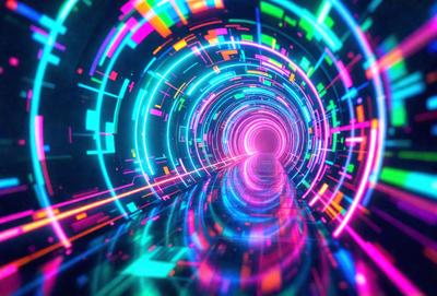 The primary subject of the image is a tunnel-like structure with a colorful, neon-lit interior. The tunnel appears to be a part of a futuristic cityscape, with a sense of motion and energy. The setting is a futuristic environment, likely a part of a video game or a digital art piece. The visual style is a combination of digital art and illustration, with the use of vibrant colors and lighting effects to create a dynamic and engaging atmosphere. The colors and mood of the
