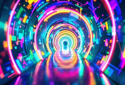 The primary subject of the image is a tunnel with a rainbow-colored light display. The tunnel appears to be a futuristic, neon-lit passage, and the colors create a vibrant and lively atmosphere. The setting is a tunnel, and the visual style is a combination of digital art and illustration. The colors and mood of the image are predominantly bright and energetic, with the rainbow colors adding a sense of excitement and wonder.