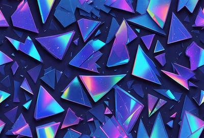 The primary subject of the image is a pattern of broken glass, which is displayed in a blue and purple hue. The setting is a dark background, and the visual style appears to be a digital art or illustration. The colors and mood of the image are vibrant and energetic, with the blue and purple tones creating a sense of depth and contrast.