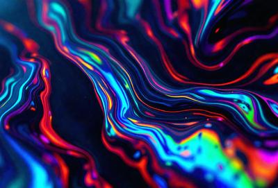The primary subject of the image is a colorful, swirling pattern that resembles a painting or a digital artwork. The setting is a dark background, which contrasts with the vibrant colors of the pattern. The visual style appears to be a mix of photo and digital art, creating a unique and eye-catching effect. The dominant colors in the image are red, blue, and green, which contribute to a lively and energetic atmosphere.