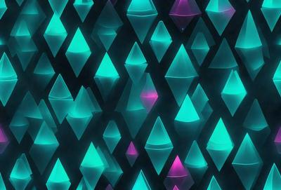 The primary subject of the image is a pattern of colored triangles, predominantly blue and purple, arranged in a grid-like formation. The setting is a dark background, which contrasts with the bright colors of the triangles. The visual style appears to be a digital art or illustration, as the triangles are arranged in a precise and organized manner. The colors and mood of the image are vibrant and lively, with the blue and purple hues creating a sense of depth and contrast against the dark background