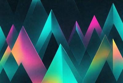 The primary subject of the image is a series of colorful triangles, which are arranged in a visually appealing manner. The setting is a dark background, which contrasts with the vibrant colors of the triangles. The visual style of the image is a combination of digital art and illustration, creating a unique and eye-catching pattern. The dominant colors in the image are blue, green, and pink, which contribute to a lively and energetic atmosphere.