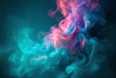 The primary subject of the image is a blue and pink smoke-like substance, which appears to be a digital art or illustration. The setting is a dark background, and the visual style gives the impression of a surreal or dreamy atmosphere. The dominant colors are blue and pink, creating a sense of depth and contrast in the image.